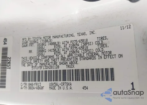 2013 Toyota Tundra Grade 5.7L V8 из США, поврежденный, VIN 5TFUY5F13DX281120